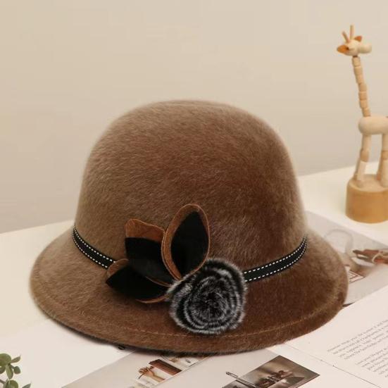Lady Hat Elegant Wide Brim Keep Warm Solid Color Winter Autumn Ladies Dome Hat with Flower for Daily Wear