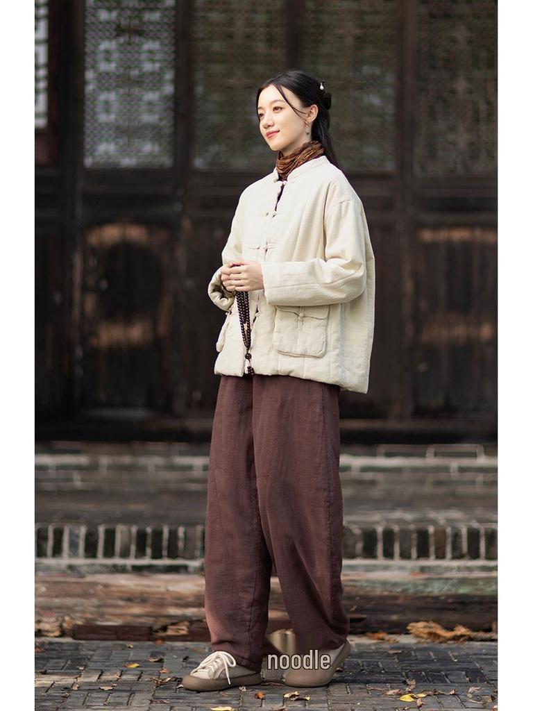 Silent Recitation: Women's Retro Quilted Vertical Stripe Cotton Jacket with Stand-up Collar and Frog Buttons