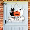 Holiday Home Entrance Ornaments Halloween Wood Welcome Door Sign, Pumpkin Ghost Black Cat Hanging Decor for Wooden Sign Front Door, Rustic Farmhouse