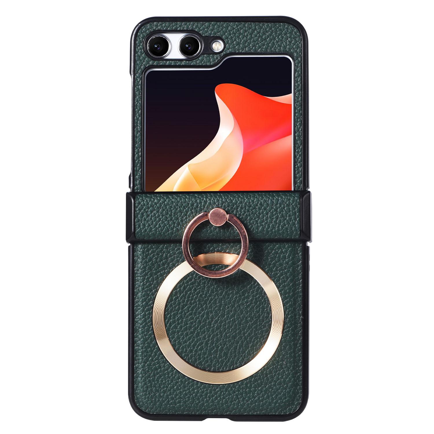 

For Samsung Galaxy Z Flip7 FE 5G/Z Flip6 5G Magnetic Case with Ring Kickstand Leather+PC Phone Cover Hinge Protection Green
