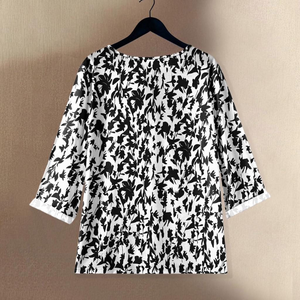 Damen Casual Dreiviertelarm Rundhals Farbverlauf Bedrucktes Baumwoll- und Leinenoberteil