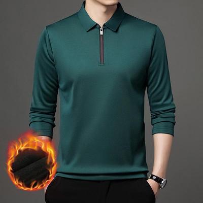 Men's Fleece-Lined Half-Zip Polo Shirt - Solid Color, Long Sleeve, Turn-Down Collar, Base Layer for Autumn/Winter