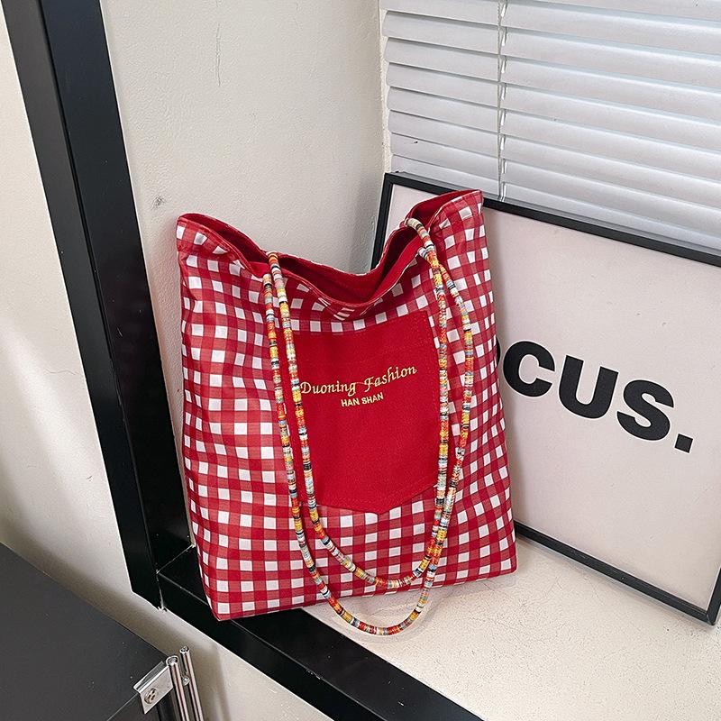 American Double-sided Bag Plaid Canvas Bag Women's Commuter Tote Bag Retro Contrasting Color Handbag Spring New Parent-child Bag