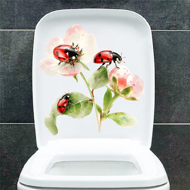 Hand Painted Floral Ladybug Toilet Seat Sticker Waterproof Self-Adhesive Removable Decal for Bathroom WC Decoration