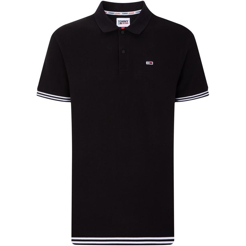 Tommy Hilfiger Golf Outfit Amerikaanse Vintage Katoen Gestreept Manchetboord Geborduurd Logo Comfortabel Poloshirt Heren tops Zwart DM0DM16219BDS L