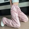 Women's High Waist Pink Cargo Pants - 2025 Spring Collection - Straight, Loose Wide Leg, Drape, and Casual Sports Style