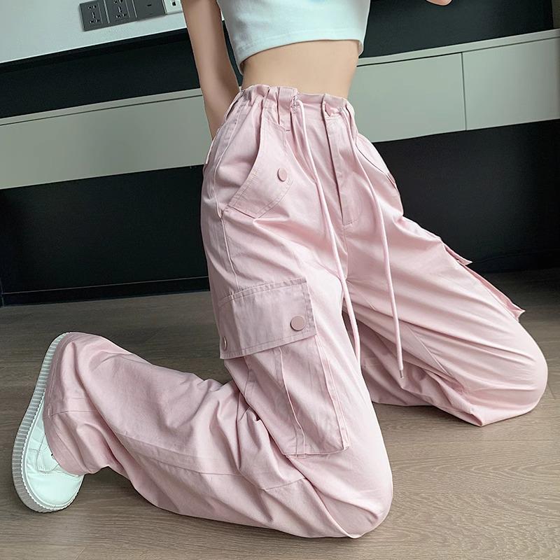 Women's High Waist Pink Cargo Pants - 2025 Spring Collection - Straight, Loose Wide Leg, Drape, and Casual Sports Style