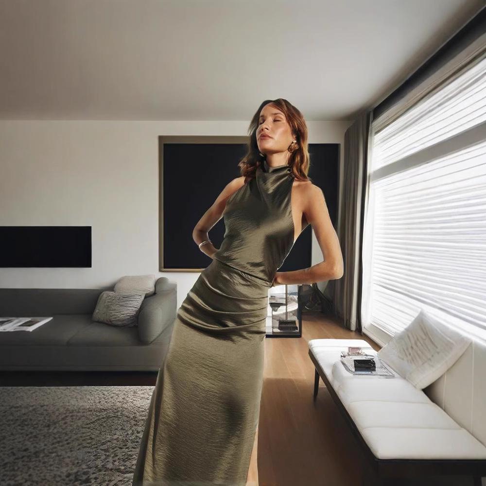 Elegant 2025 Women's Sexy Sleeveless Slit Dress - Slim European & American Style, Solid Color, Long Length.