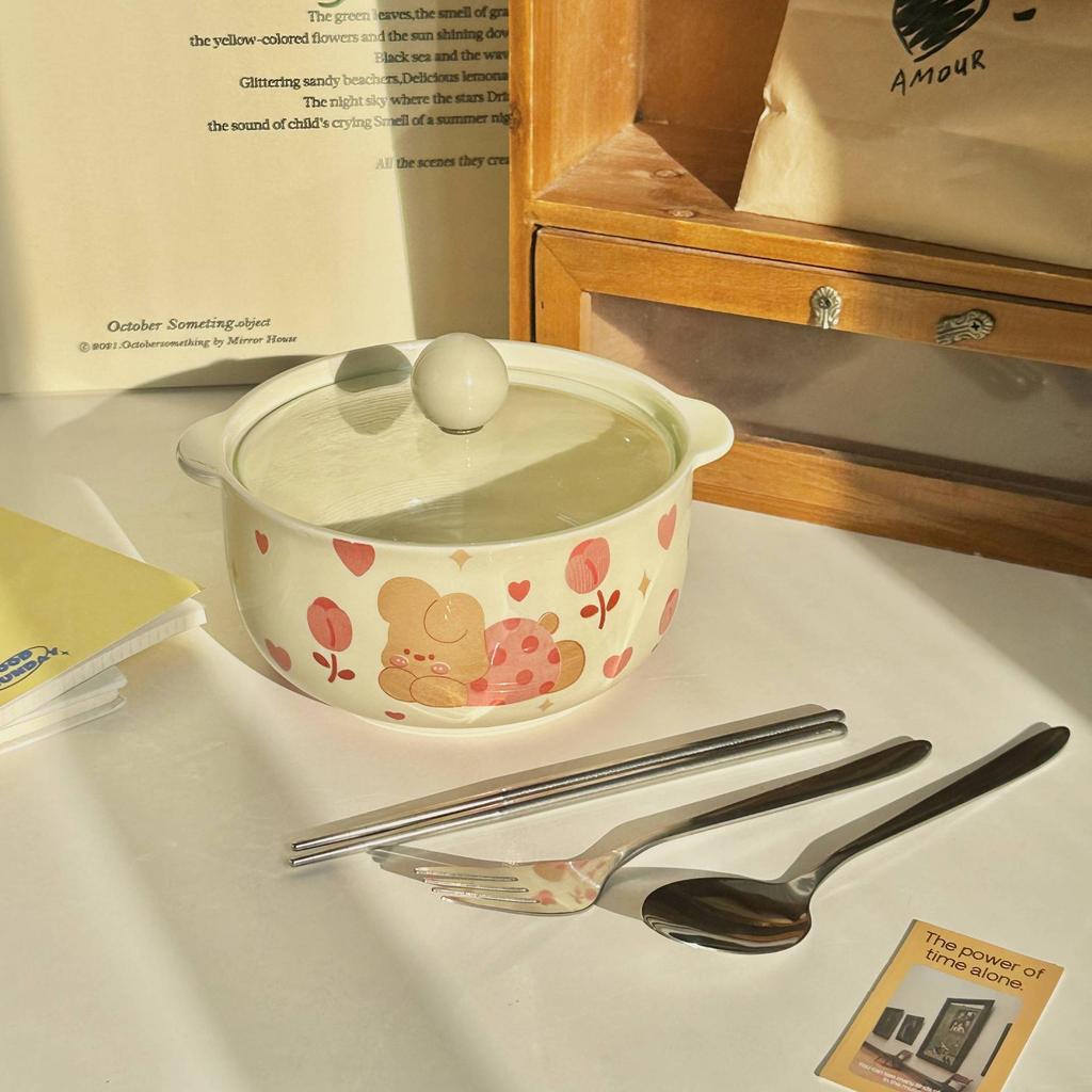 Ins Wind Cute Binaural Instant Noodle Bowl with Lid Household New Noodle Bowl Cream Wind Ceramic Snail Powder Bowl