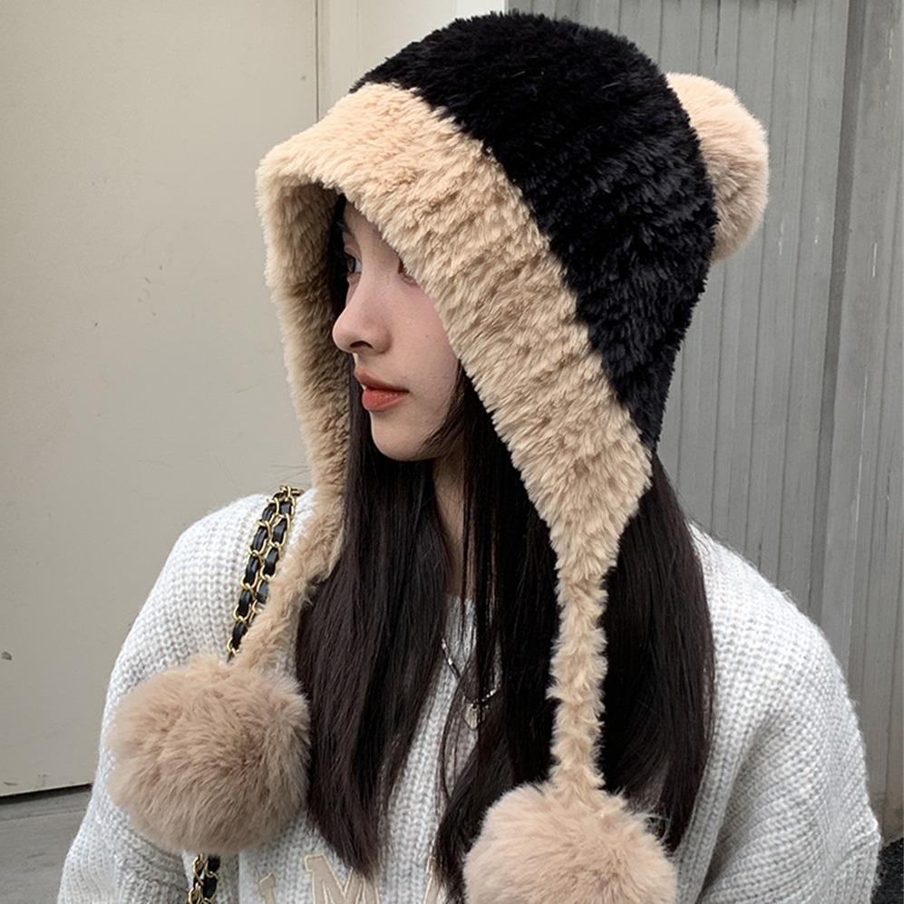Women's Winter Cold-Resistant Hat Large Head Circumference Plush Pom-Pom Cute Earflap Ear-Covering Fleece-Lined Thickened Color-Block Knitted Hat