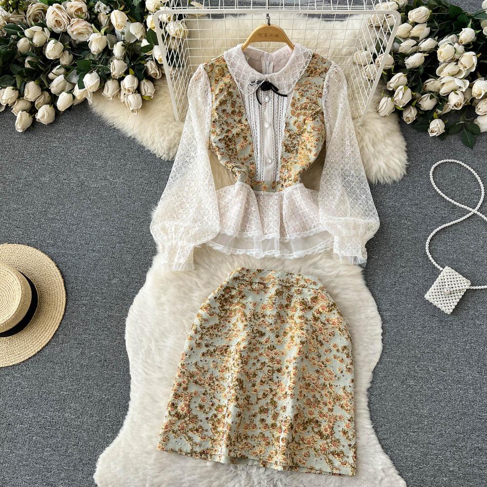 

Новые модные жаккардовые костюмы Ins Court, женские кружевные рубашки с длинными рукавами и рюшами, топы + юбка с принтом, элегантный комплект из двух предметов