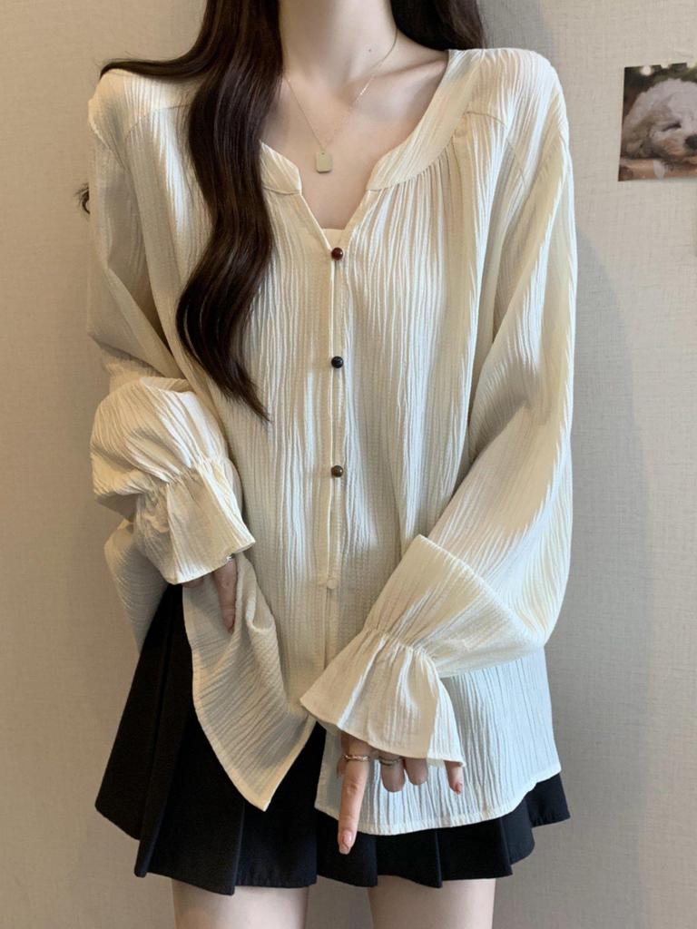 Plus Size Ruffle V-Neck Long-Sleeve Top with Flare Sleeves for Women - Elegant Loose Fit, Belly Covering, Perfect for Spring & Autumn