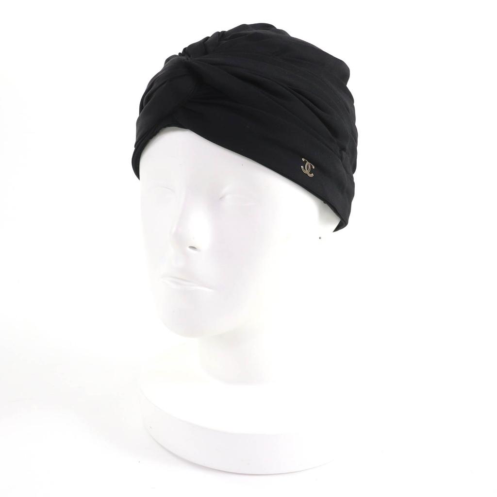 Excellent CHANEL Hat COCO MarkMetal Turban Black Silk Women Used