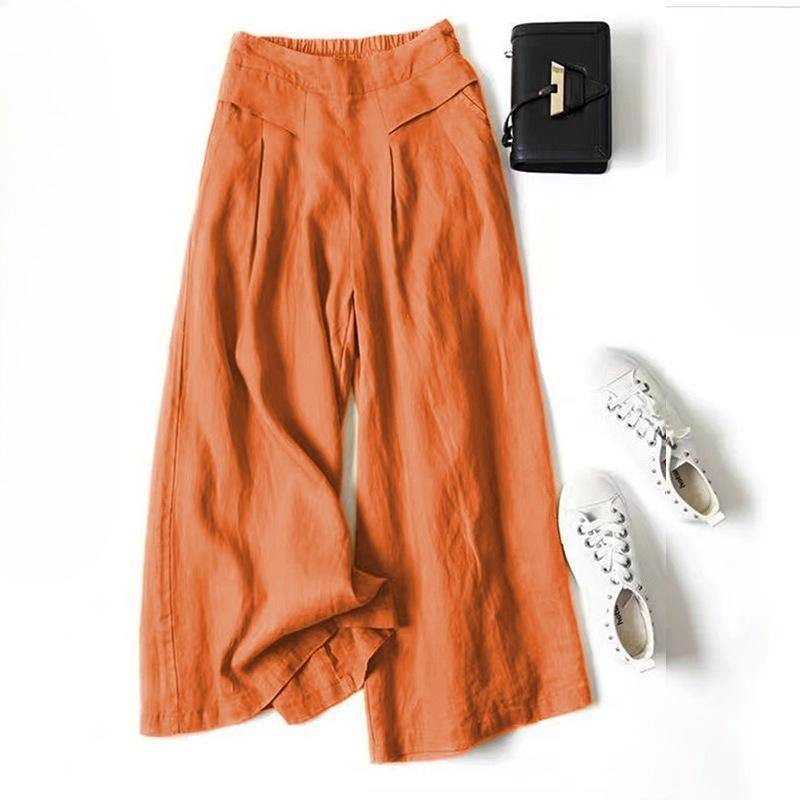 

Cotton and Linen Wide-leg Trousers, Skirt Pants, Women s Loose Semi-elastic High-waist Nine-point Pants XS помаранчевий