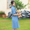 2026 European & American Washed Denim Ruffle Slimming Dress with Lapel