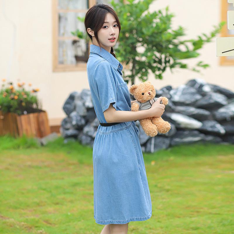 2026 European & American Washed Denim Ruffle Slimming Dress with Lapel