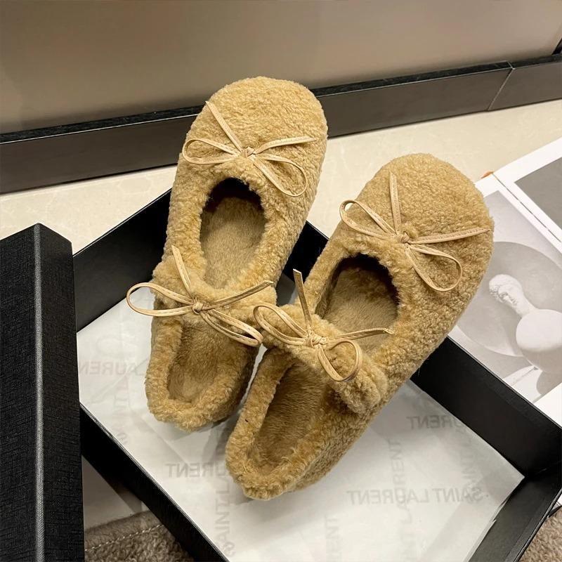 Sweet Bowknot Lambswool Ballet Flats Woman Winter Warm Plush Loafers Ladies Fur Round Toe Mary Jane Shoes