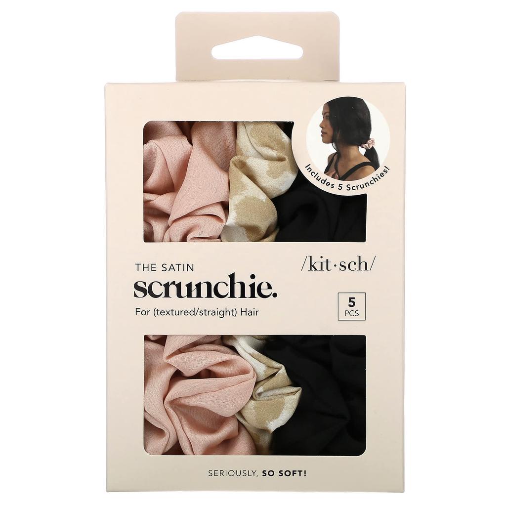 Satin scrunchie, for natural hair/straight hair, assorted colors, 5 scrunchies