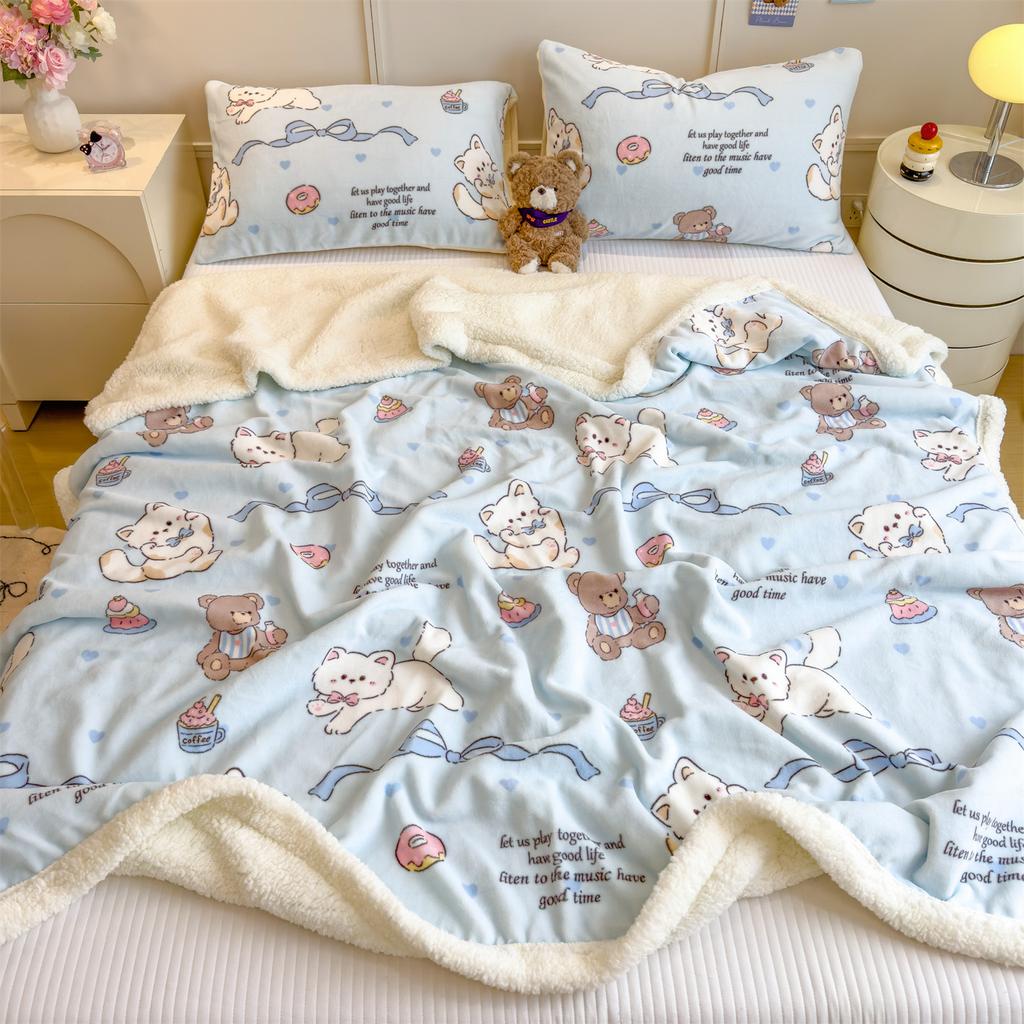 Cartoon Bowknot Printed Coral Fleece Blanket Thickened Artificial Lambswool Spring Autumn Warm Blankets For Bed Sofa Nap Blanket