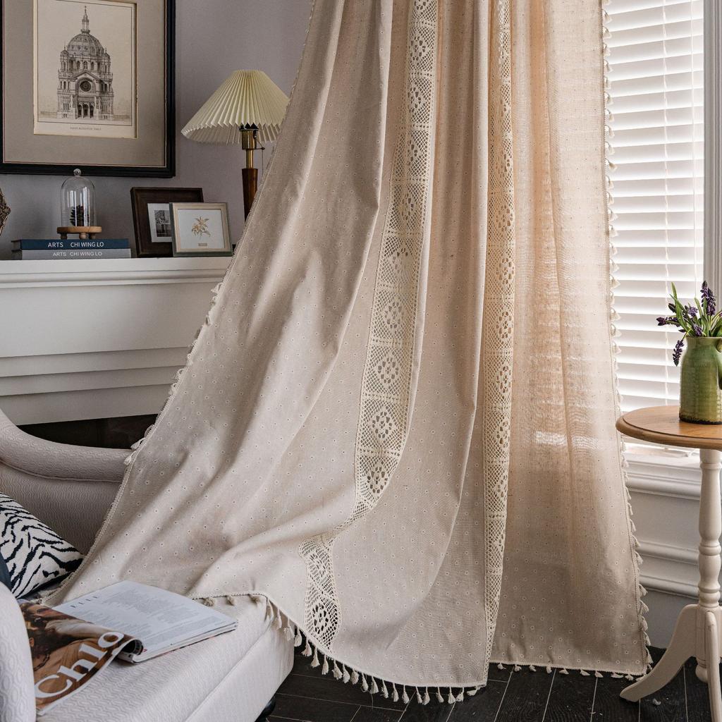 Curtain Lanju Finished Product Printed Hollow Splicing American Kitchen Semi Blackout Curtain Tassel