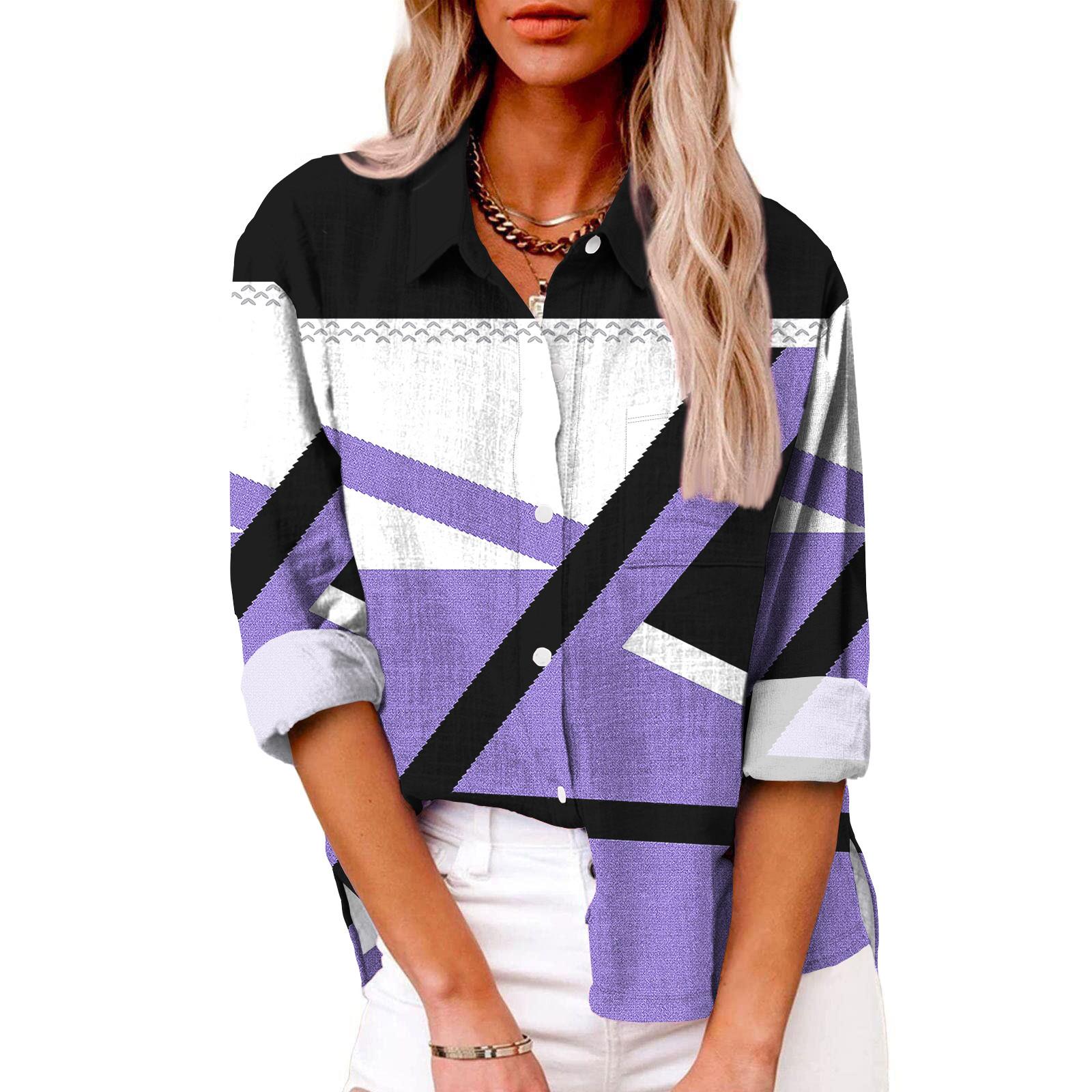 

Женская мода свободная повседневная рубашка с длинным рукавом и лацканами на пуговицах с принтом и карманом L фиолетовый