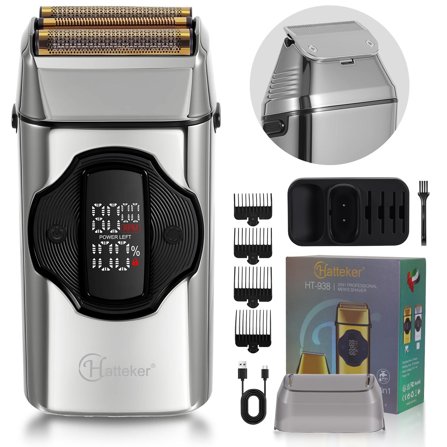 

Hatteker Электробритва и триммер для волос 2-в-1 для мужчин Регулируемая бритва с несколькими скоростями с водонепроницаемым дизайном Долговечный аккумулятор и система ухода за кожей серебряный