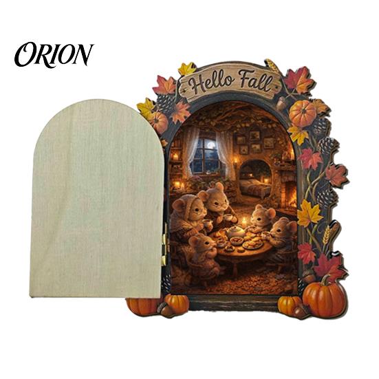 Autumn Theme Fairy Tale Ornaments Elf Wooden Door Halloween Decor, 2D Mouse Miniature Wall Waterproof Fall Home Decorations Hanging, Rustic