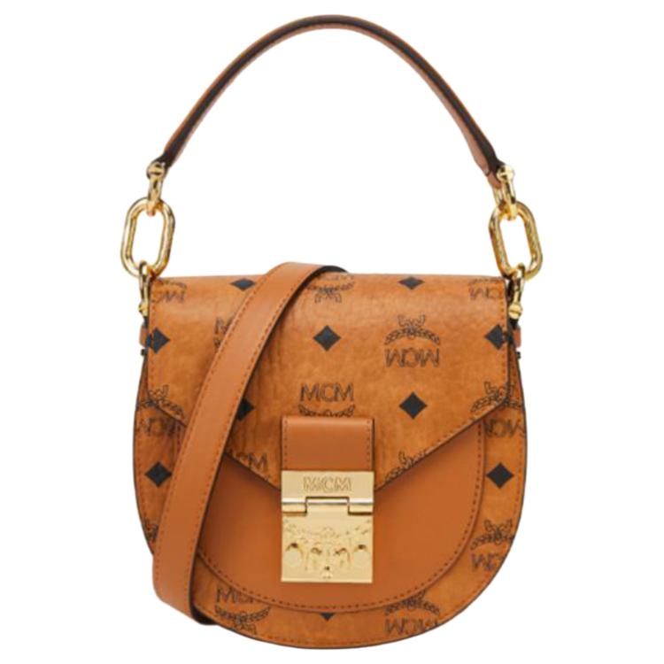New MCM Patricia Visetos Cow Leather Saddle Bag, Crossbody Bag, One Shoulder Handbag Women's Brown Cognac MWSAAPA02CO001