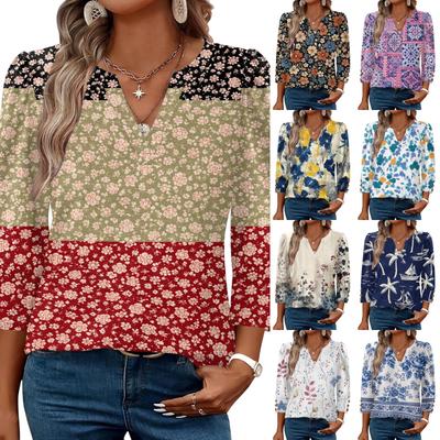 Womens Casual V Neck Loose Fit Three Quarter Sleeve Blouse Floral Print Lightweight Top for Everyday Wear