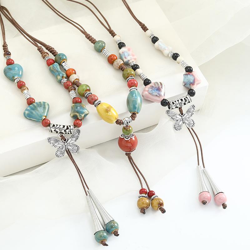 Ceramic Beaded Butterfly Pendant Necklace, Retro Ethnic Style Long Sweater Chain