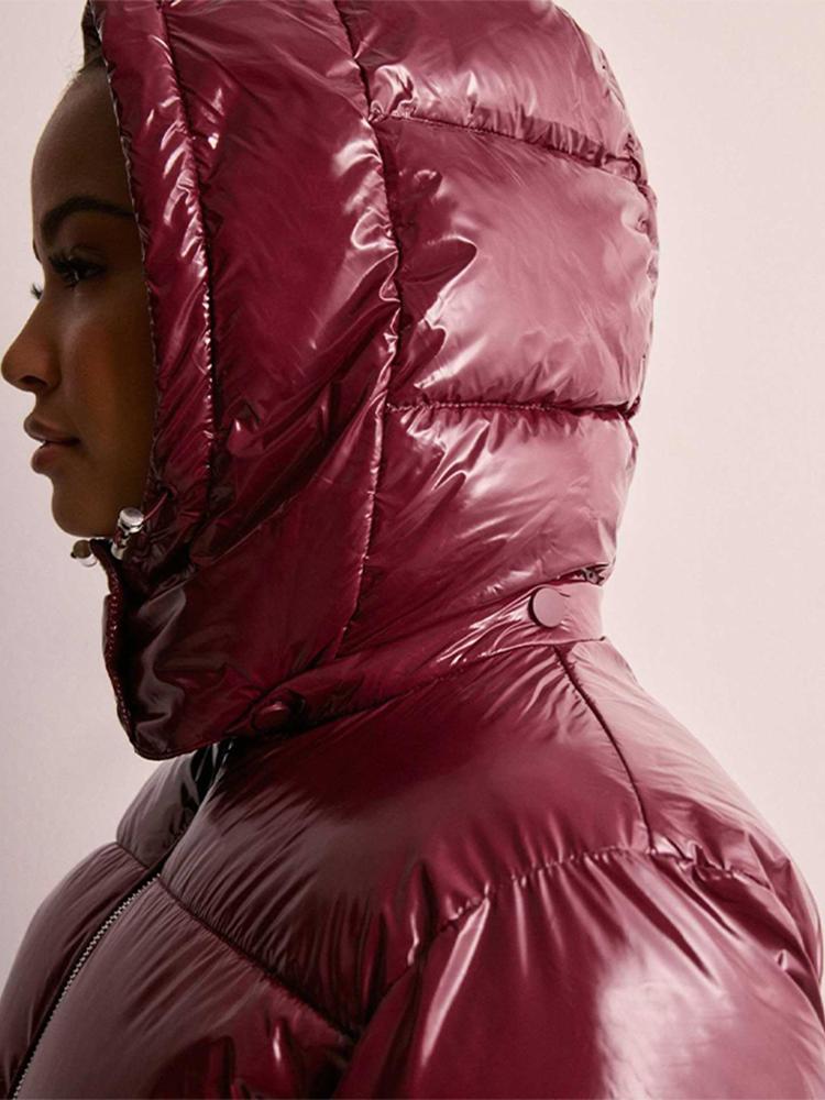 Women's Stand Up Collar Hooded Long Sleeved Zipper Glossy Thick Jacket for Winter