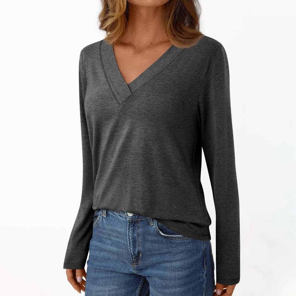 Women's Casual Fashion Brushed Solid Color Long-sleeved V-neck Top T-shirt
