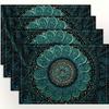 Teal Mandala Print Linen Place Mats Set Of 4 Boho Table Mats For Dining Kitchen Decor