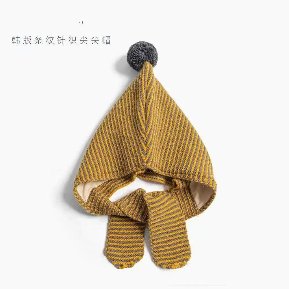 Children's striped hat and scarf integrated autumn and winter elf pointed hairball ear hat, windproof and warm for boys and girls