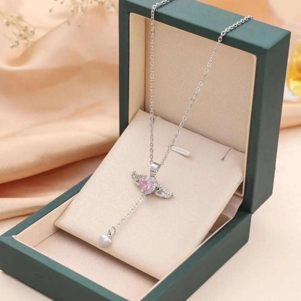 Trendige Amor Engel Flügel Herz Anhänger Halskette für Damen Rosa Kristall Zirkon Choker Edelstahl Schmuck