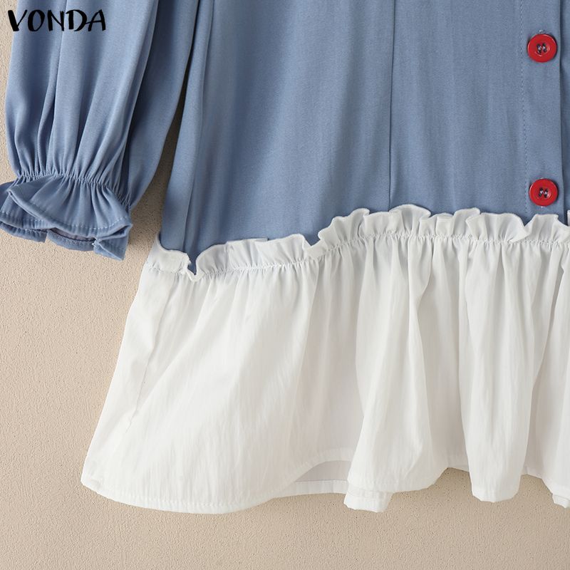 VONDA Elegant Women Lapel Neck Long Sleeve Patchwork Ruffled Shirts Dress