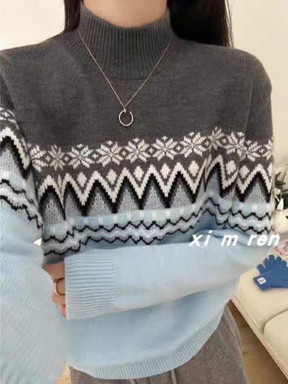 Korean Retro Fair Isle Jacquard Wool Knit Sweater for Women - Casual, Versatile, Slimming, Half-High Neck