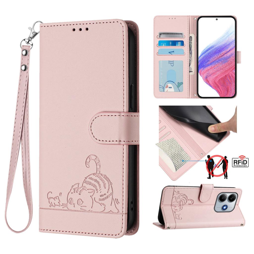 For Xiaomi Redmi Note 14 5G Case with Strap RFID Blocking Leather Wallet Phone Cover Cat Mouse Pattern