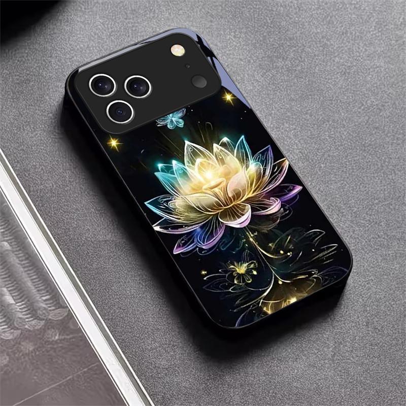 Crystal Lotus Art For Apple Black Phone Case For iPhone 17 16 15 14 13 12 Mini 11 Pro Max 17 Air 7 8 Plus XR Glass Back Cover