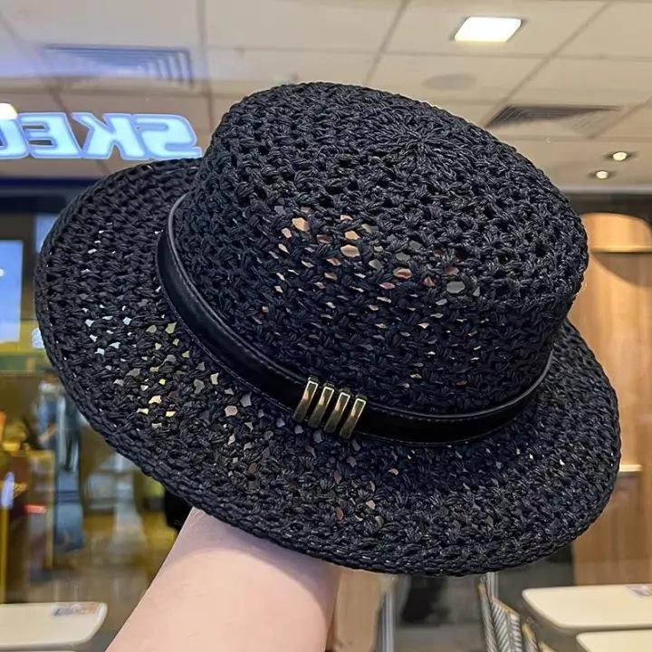 

Vintage Old Money Flat Top Raffia Hat, Jazz Fedora with Belt Buckle Detail, Women’s Summer Sun Protection Cap single code чорний