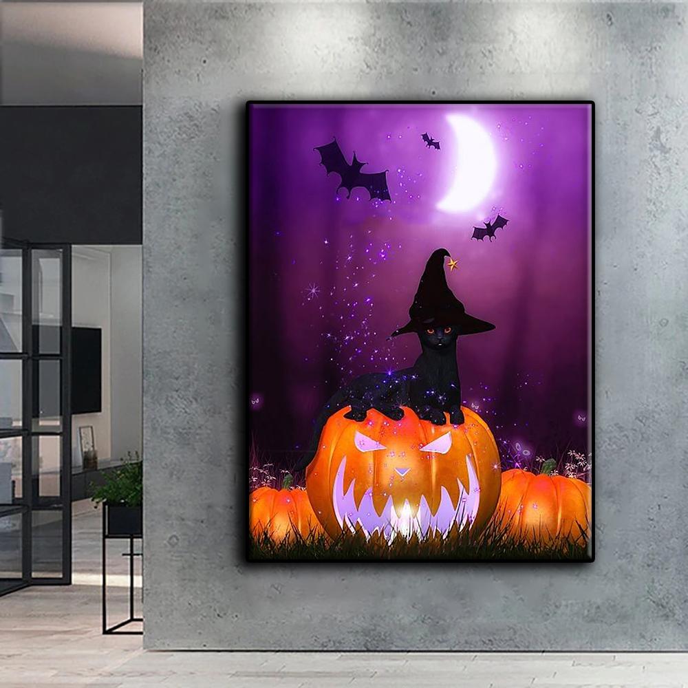Popular 5D Diy Cross Stitch Halloween Pumpkin And Black Cat Painting Full Drill Cross-Stitch Crafts Kit Wall Sticker Home Decor