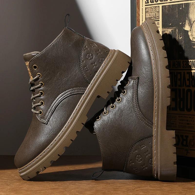 Winter Men Boots British Style Mens Ankle Boots High Top Business Leather Boots Outdoor Casual Shoes Thick Soled Work Boots
