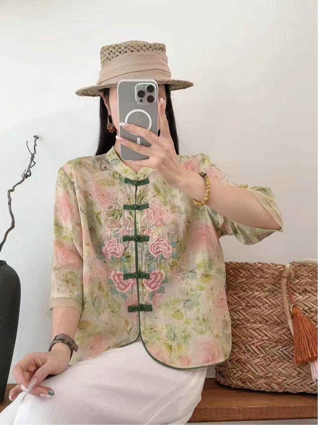 Women s Summer Zen Tea Ceremony Top: Chinese Style Artistic Stand Collar Ramie Shirt with Frog Buttons One size