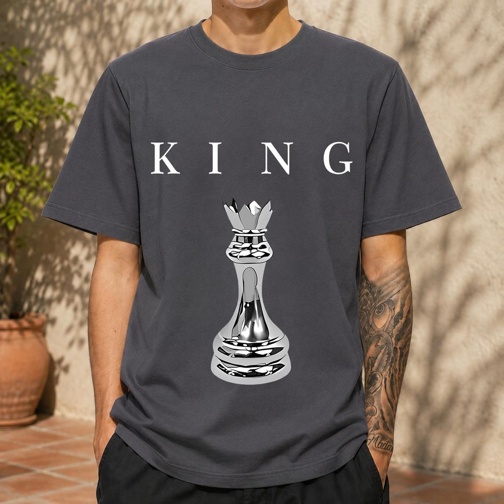 2026 New Pure Cotton Tshirt With Vintage 3d Metallic King Chess Piece Print Crew Neck Casual Short Sleeves