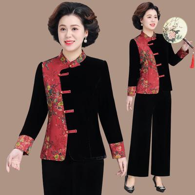 2026 Spring/Autumn Chinese Style Velvet Patchwork Suit: Slim Retro Top & Wide-Leg Pants Set