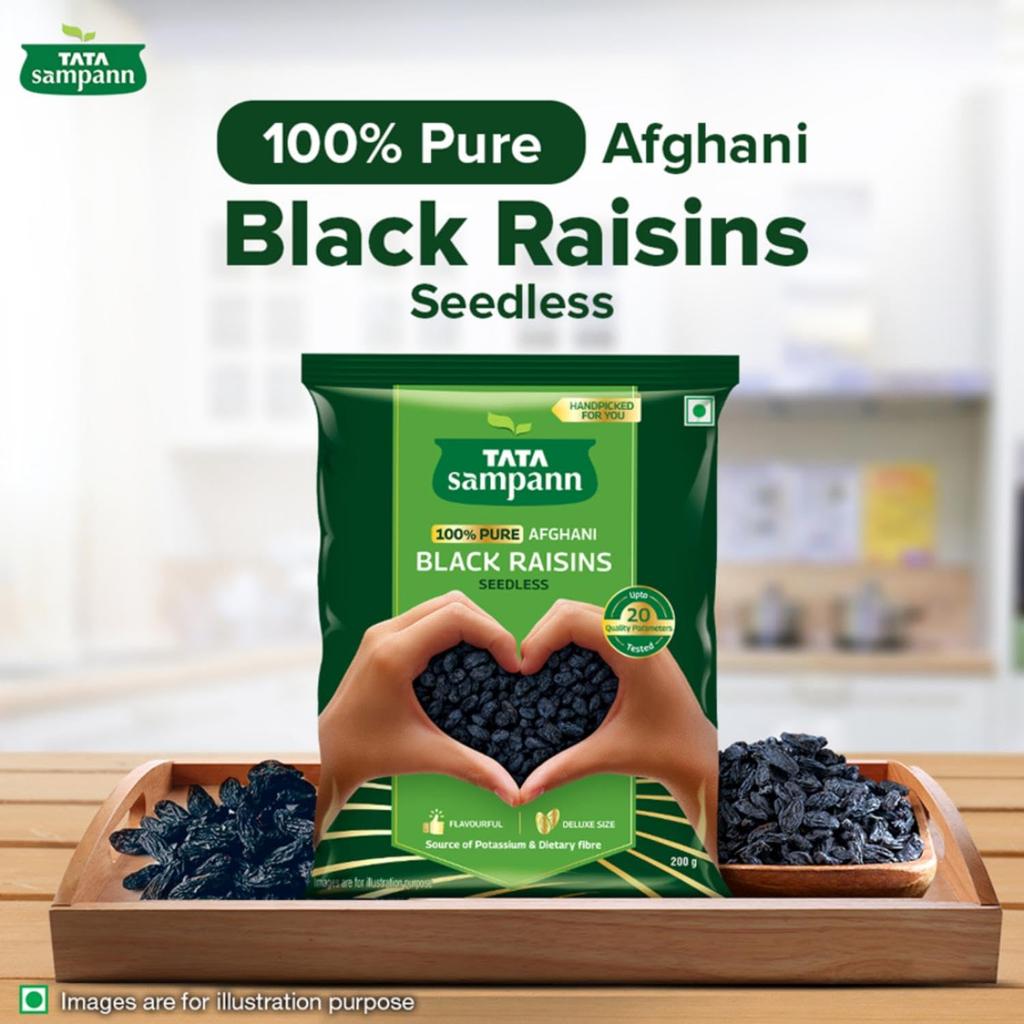 TATA Sampann Afghani Black Raisins Seedless 100% Pure Kali Kishmish Delicious Snack Rich In Potassium and Fibre 200 G Pack