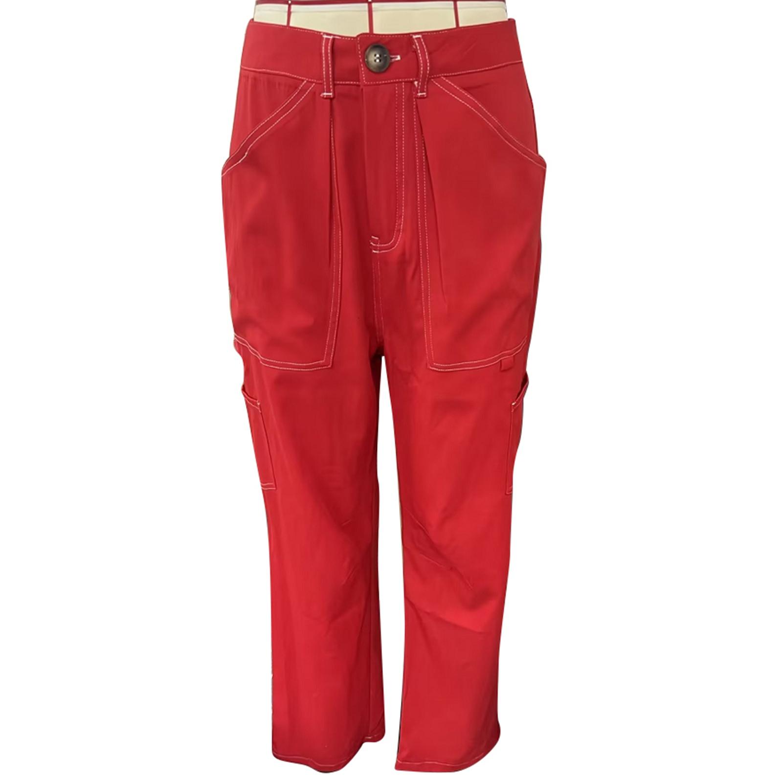 

Женские брюки с несколькими карманами, свободный крой, однотонные, удобные, повседневные, широкие, прямые брюки, черный цвет XL XL красный