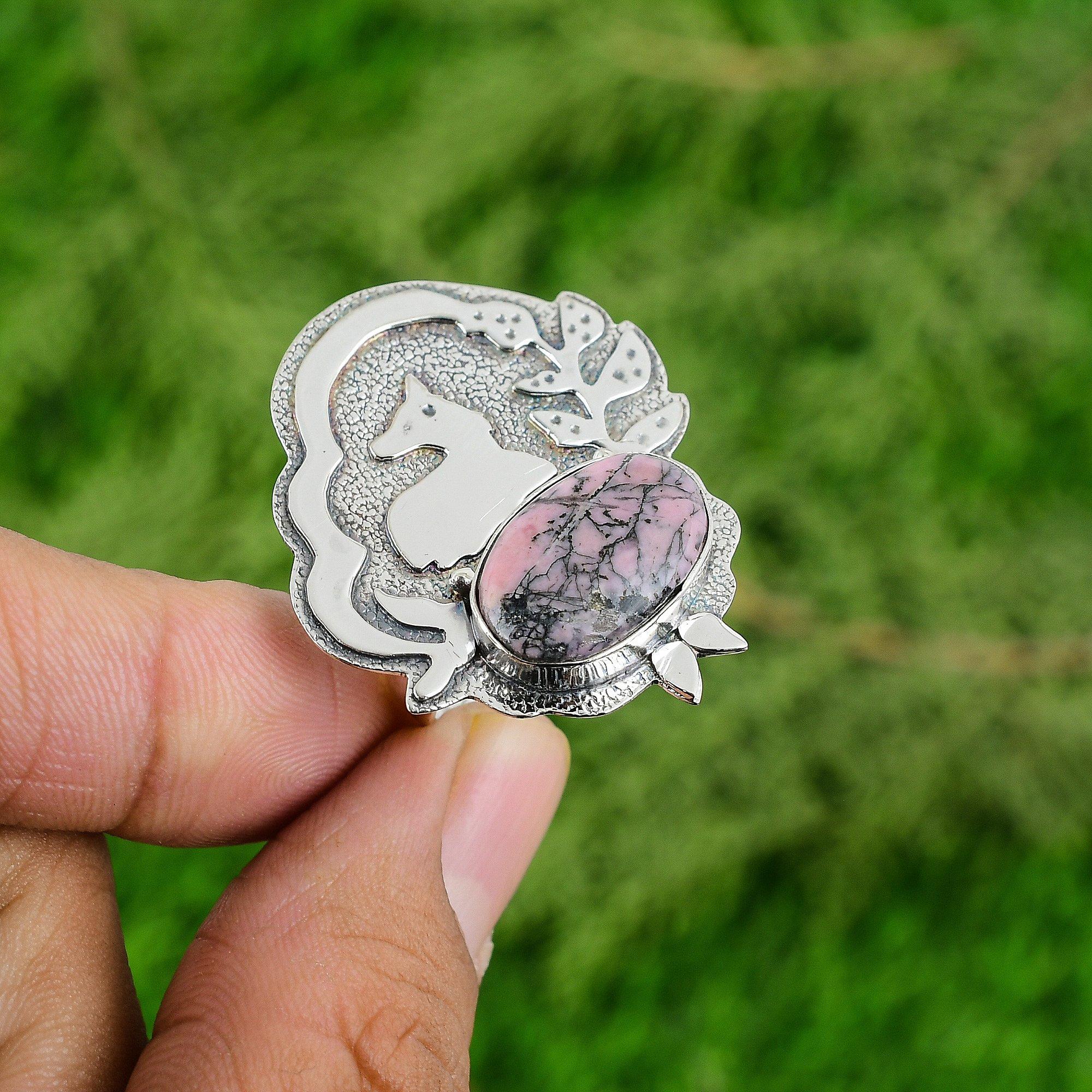 

Mothers day Sale Rhodonite Stone Bezel New Stackable Ethnic Ring Sterling Silver Adjustable