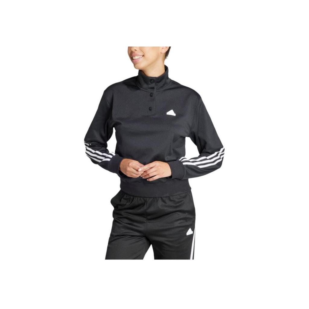 Adidas Striped Half Button Long Sleeve Sweatshirt Women Sweatshirt Black IT4828