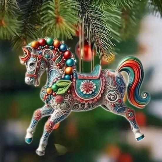 Horse Christmas Ornaments Glitter Rhinestone Horse Christmas Tree Hanging Ornament 2D Flat Acrylic Car Rear View Mirror Charm for Holiday Home Decor
